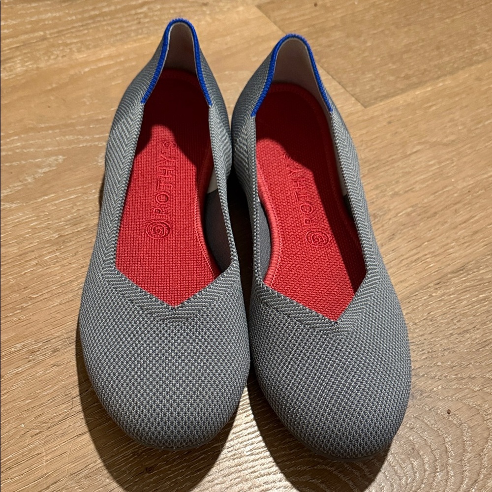 Rothy's Gray and Blue Flats with Red Insole